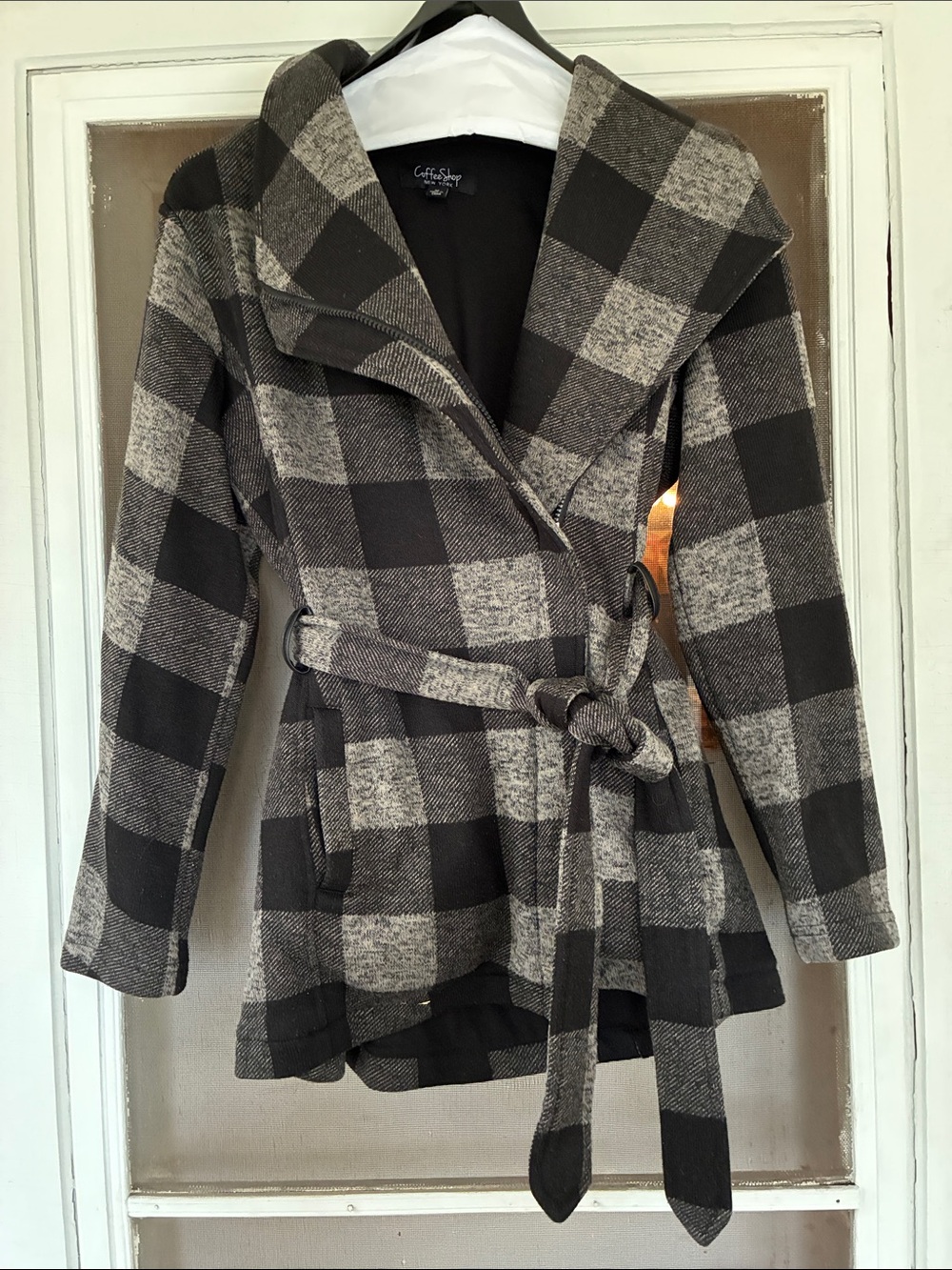 Coffee Shop NY Buffalo Plaid Asymmetric Zip Belted Wrap Trench Jacket Size M